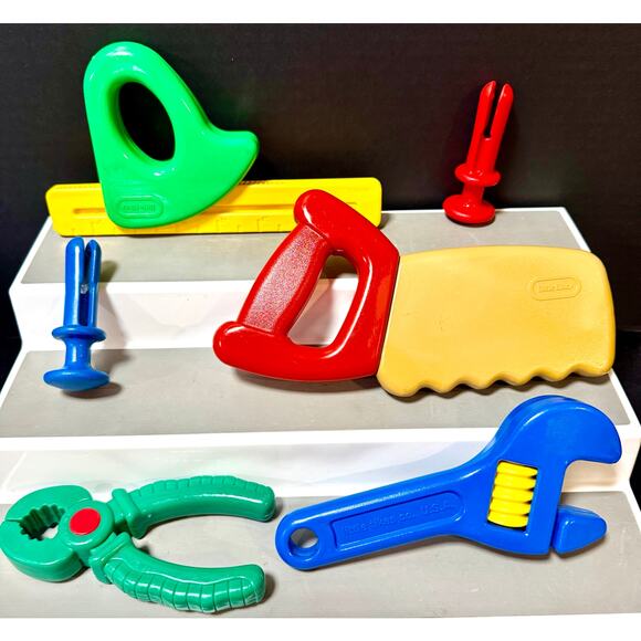 Vtg Little Tikes Hammer Straight Edge Hand Saw Wrench pliers Pretend Tool box - Picture 2 of 11